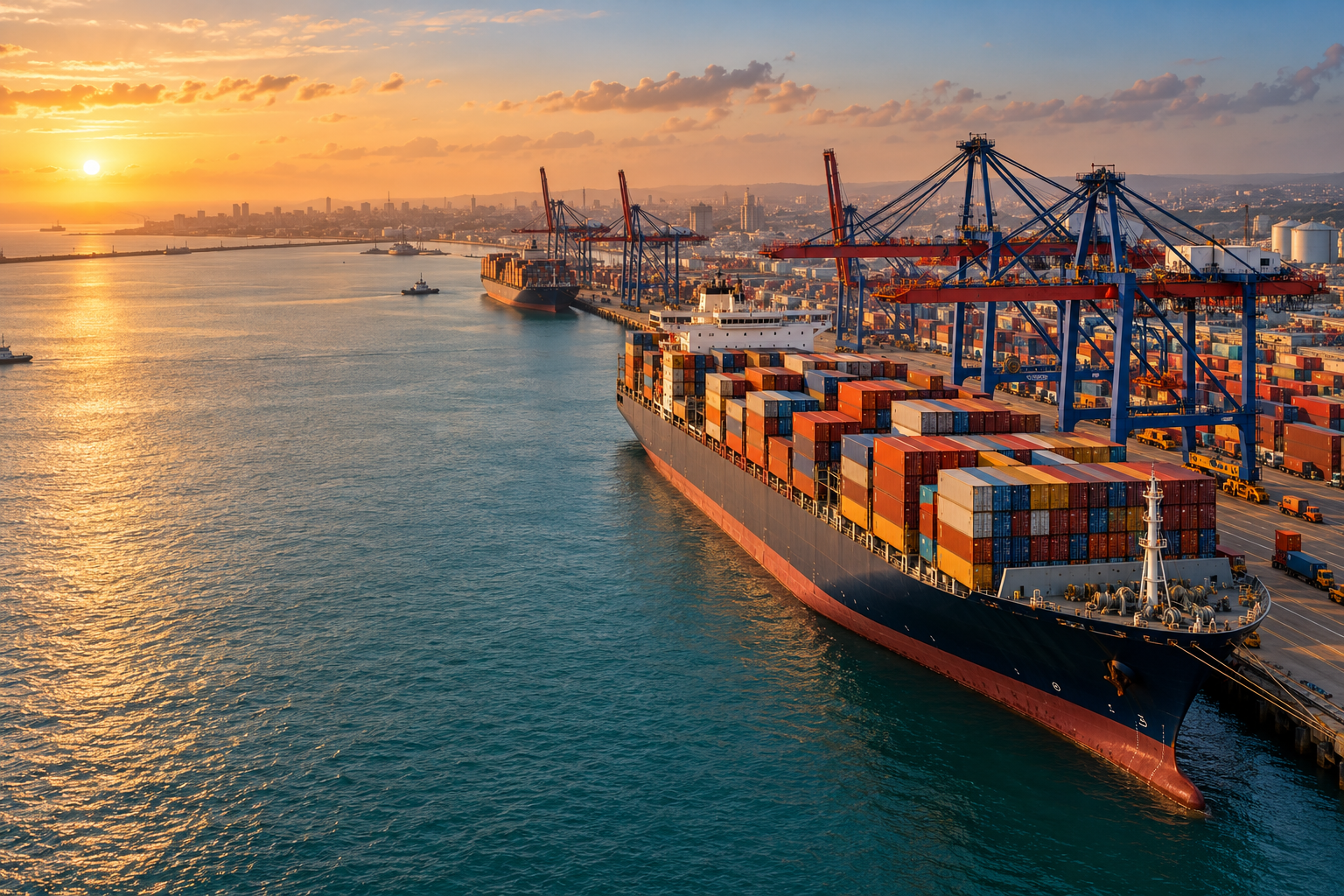 Illustrative container ship and cranes at a Ghana-inspired coastal port